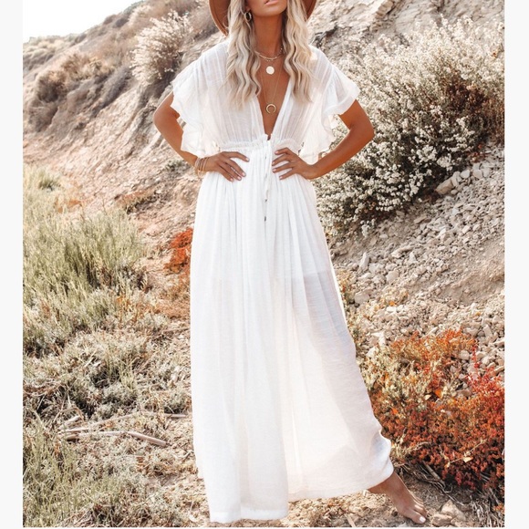 Boho long maxi beach cover up ruffle-white - Picture 7 of 8